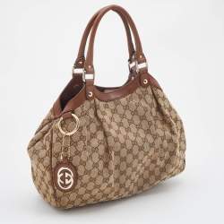Pre Owned Gucci Beige/Brown GG Canvas and Leather Medium Sukey Tote