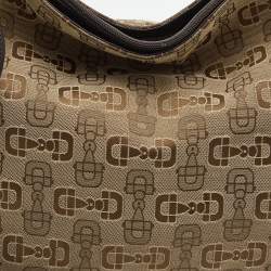 Pre Owned Gucci Dark Brown/Beige Horsebit Canvas and Leather Hobo
