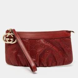 Pre Owned Gucci Blood Red Guccissima Leather Interlocking G Wristlet Clutch