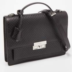 Pre Owned Gucci Dark Brown Micro Diamante Leather Business Top Handle Bag