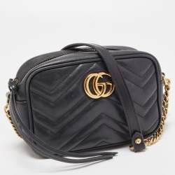 Pre Owned Gucci Black Matelasse Leather Mini GG Marmont Crossbody Bag
