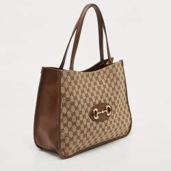 Pre Owned Gucci Brown/Beige GG Canvas and Leather Horsebit 1955 Tote