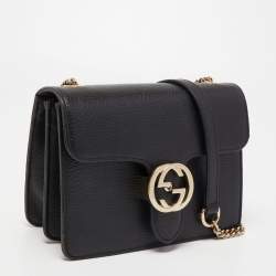 Pre Owned Gucci Black Leather Dollar Interlocking G Crossbody Bag