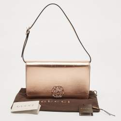 Gucci Rose Gold Leather Crystals Broadway Clutch Bag