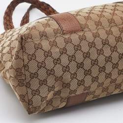 Pre Owned Gucci Beige/Brown GG Canvas and Leather Medium Bamboo Bar Tote