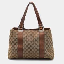 Pre Owned Gucci Beige/Brown GG Canvas and Leather Medium Bamboo Bar Tote