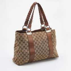 Pre Owned Gucci Beige/Brown GG Canvas and Leather Medium Bamboo Bar Tote