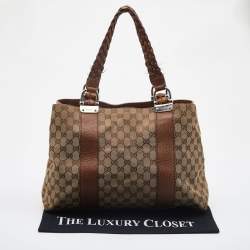 Pre Owned Gucci Beige/Brown GG Canvas and Leather Medium Bamboo Bar Tote