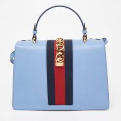 Pre Owned Gucci Light Blue Floral Embroidered Leather Medium Sylvie Top Handle Bag