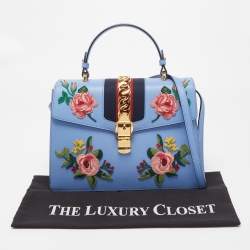 Pre Owned Gucci Light Blue Floral Embroidered Leather Medium Sylvie Top Handle Bag