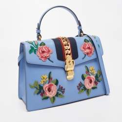 Pre Owned Gucci Light Blue Floral Embroidered Leather Medium Sylvie Top Handle Bag