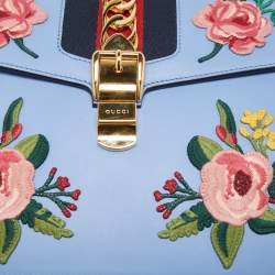 Pre Owned Gucci Light Blue Floral Embroidered Leather Medium Sylvie Top Handle Bag