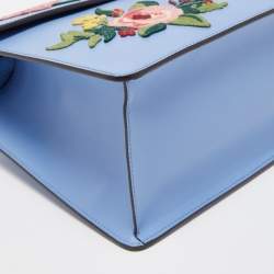 Pre Owned Gucci Light Blue Floral Embroidered Leather Medium Sylvie Top Handle Bag