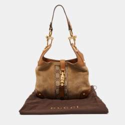 Pre Owned Gucci Beige/Brown Suede, Leather and GG Canvas Jackie O Hobo