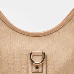 Pre Owned Gucci Rose Gold/Beige GG Canvas and Leather Medium Abbey D-Ring Hobo