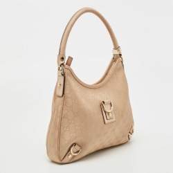 Pre Owned Gucci Rose Gold/Beige GG Canvas and Leather Medium Abbey D-Ring Hobo
