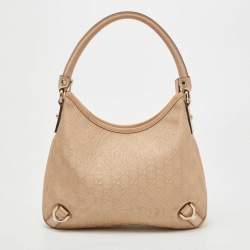 Pre Owned Gucci Rose Gold/Beige GG Canvas and Leather Medium Abbey D-Ring Hobo