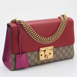 Pre Owned Gucci Red/Beige GG Supreme Coated Canvas Medium Padlock Shoulder Bag
