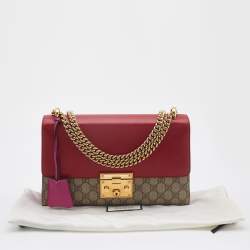 Pre Owned Gucci Red/Beige GG Supreme Coated Canvas Medium Padlock Shoulder Bag