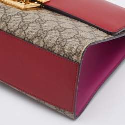 Pre Owned Gucci Red/Beige GG Supreme Coated Canvas Medium Padlock Shoulder Bag
