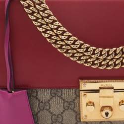 Pre Owned Gucci Red/Beige GG Supreme Coated Canvas Medium Padlock Shoulder Bag