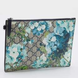 Pre Owned Gucci Blue/Beige GG Supreme Canvas Blooms Zip Pouch