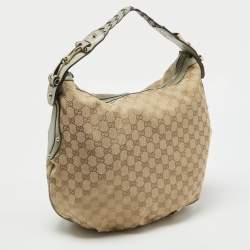 Pre Owned Gucci Beige/Light Green GG Canvas and Leather Medium Pelham Hobo 