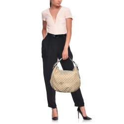 Pre Owned Gucci Beige/Light Green GG Canvas and Leather Medium Pelham Hobo 