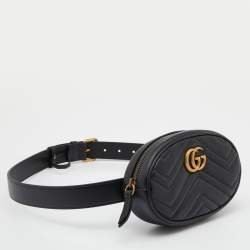 Pre Owned Gucci Black Matelassé Leather GG Marmont Belt Bag