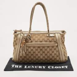 Pre Owned Gucci Beige/Metallic Beige GG Canvas and Leather Small Bella Tote
