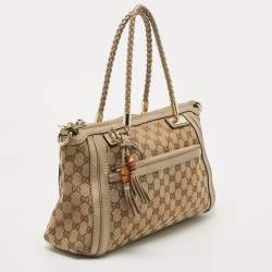 Pre Owned Gucci Beige/Metallic Beige GG Canvas and Leather Small Bella Tote