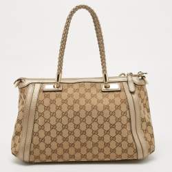 Pre Owned Gucci Beige/Metallic Beige GG Canvas and Leather Small Bella Tote
