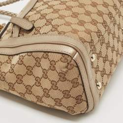 Pre Owned Gucci Beige/Metallic Beige GG Canvas and Leather Small Bella Tote