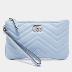 Pre Owned Gucci Light Blue Matelassé Leather GG Marmont Wristlet Pouch