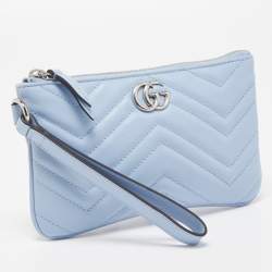 Pre Owned Gucci Light Blue Matelassé Leather GG Marmont Wristlet Pouch