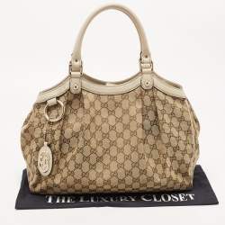 Pre Owned Gucci Beige GG Canvas and Leather Medium Sukey Tote
