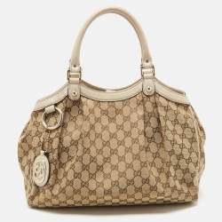 Pre Owned Gucci Beige GG Canvas and Leather Medium Sukey Tote