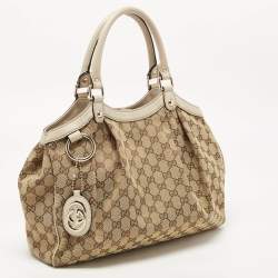 Pre Owned Gucci Beige GG Canvas and Leather Medium Sukey Tote