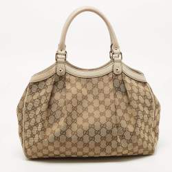 Pre Owned Gucci Beige GG Canvas and Leather Medium Sukey Tote
