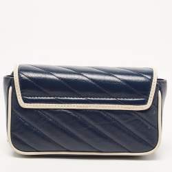 Pre Owned Gucci Dark Blue/White Diagonal Matelassé Leather Torchon Super Mini GG Marmont Bag