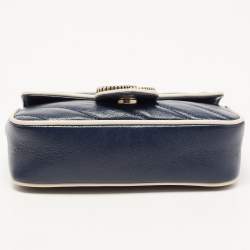 Pre Owned Gucci Dark Blue/White Diagonal Matelassé Leather Torchon Super Mini GG Marmont Bag