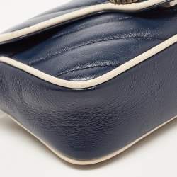 Pre Owned Gucci Dark Blue/White Diagonal Matelassé Leather Torchon Super Mini GG Marmont Bag