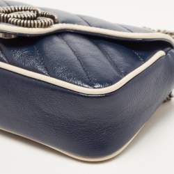Pre Owned Gucci Dark Blue/White Diagonal Matelassé Leather Torchon Super Mini GG Marmont Bag