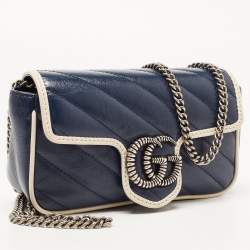 Pre Owned Gucci Dark Blue/White Diagonal Matelassé Leather Torchon Super Mini GG Marmont Bag