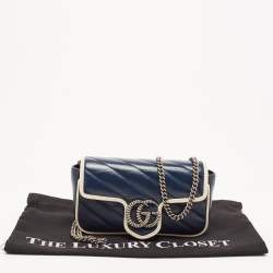 Pre Owned Gucci Dark Blue/White Diagonal Matelassé Leather Torchon Super Mini GG Marmont Bag