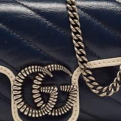 Pre Owned Gucci Dark Blue/White Diagonal Matelassé Leather Torchon Super Mini GG Marmont Bag