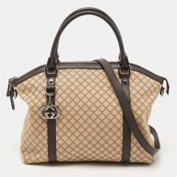 Pre Owned Gucci Ebony/Beige Diamante Canvas and Leather GG Charm Dome Satchel
