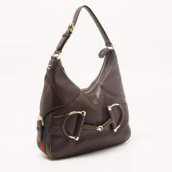 Pre Owned Gucci Dark Brown Leather Web Horsebit Heritage Hobo