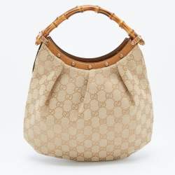 Pre Owned Gucci Beige GG Canvas and Leather Bamboo Handle Hobo