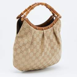 Pre Owned Gucci Beige GG Canvas and Leather Bamboo Handle Hobo